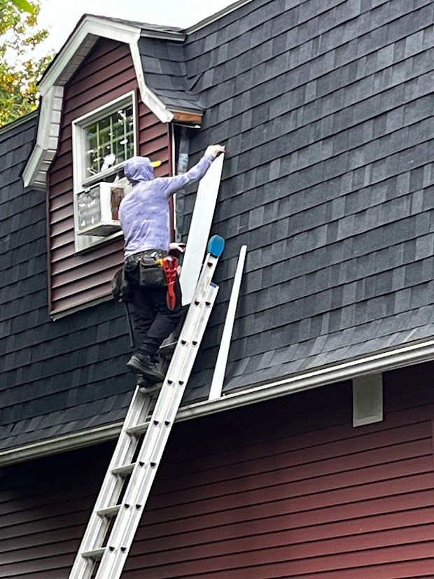A man is standing on a ladder on the roof of a house.