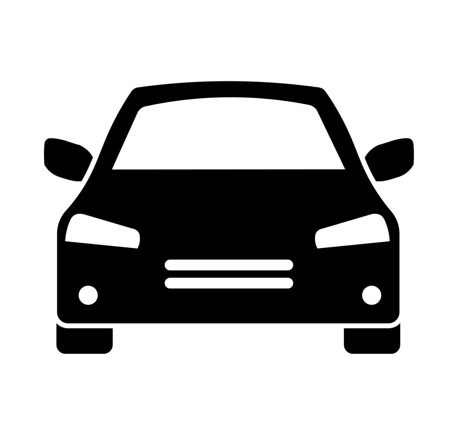 Black car front silhouette icon with headlights and side mirrors on a white background
