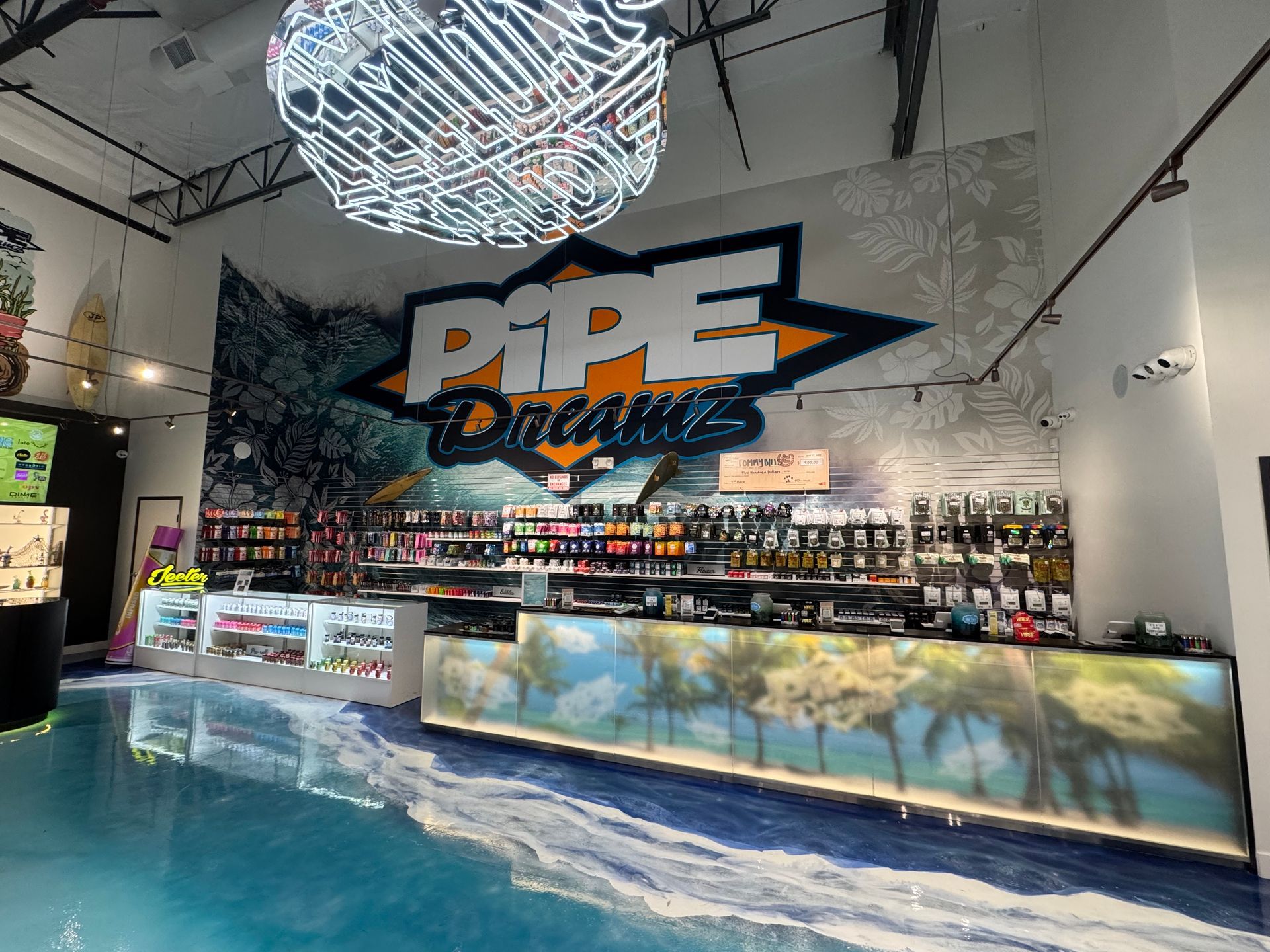 The inside of a dispensary with lots of shelves and counters.