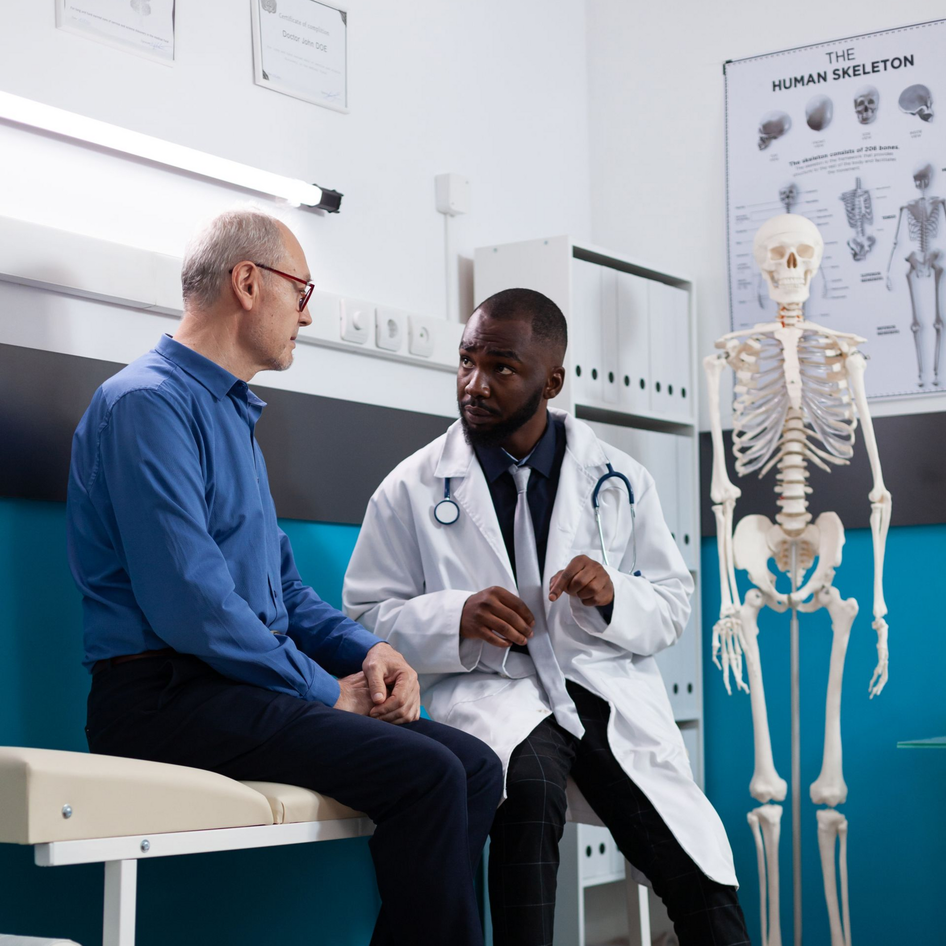 A medical professional in a white coat talks with a patient sitting on an exam table in a clinic with a skeleton model.