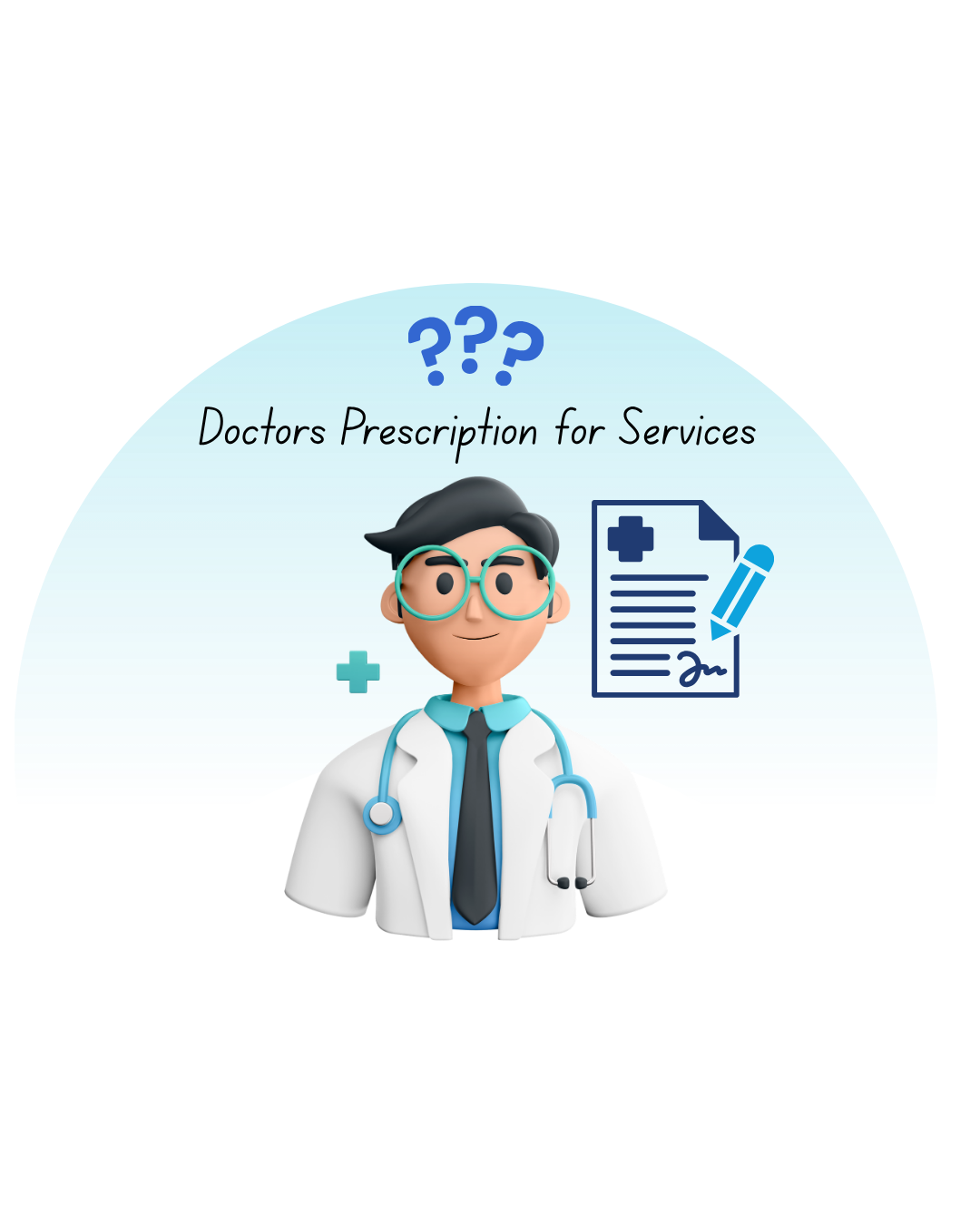 A 3D character of a doctor with a stethoscope stands next to a prescription pad and pen beneath the text 
