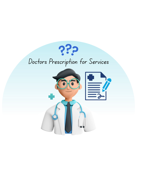 A 3D character of a doctor with a stethoscope stands next to a prescription pad and pen beneath the text