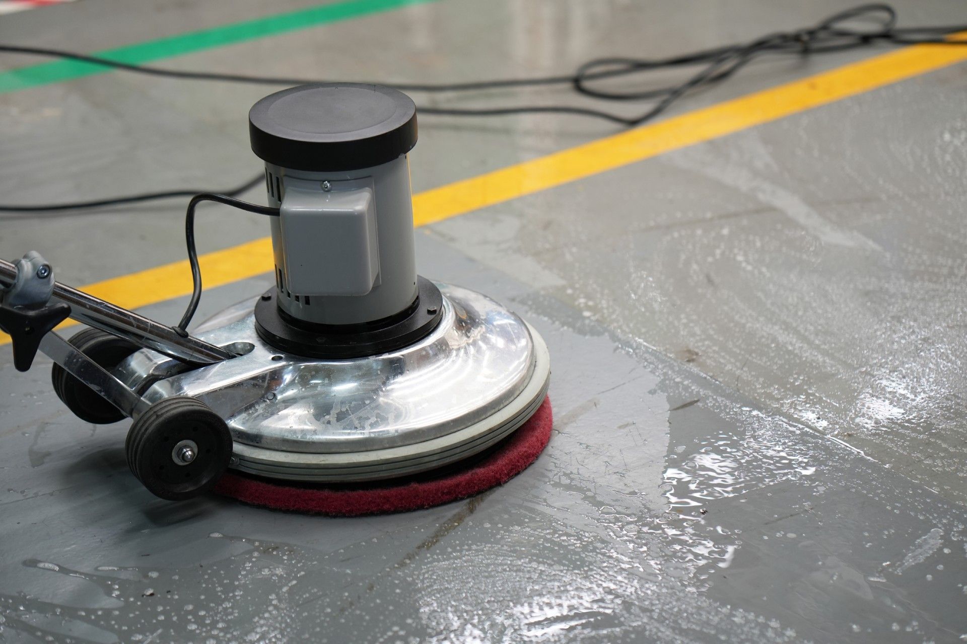 A machine is cleaning a concrete floor in a warehouse.