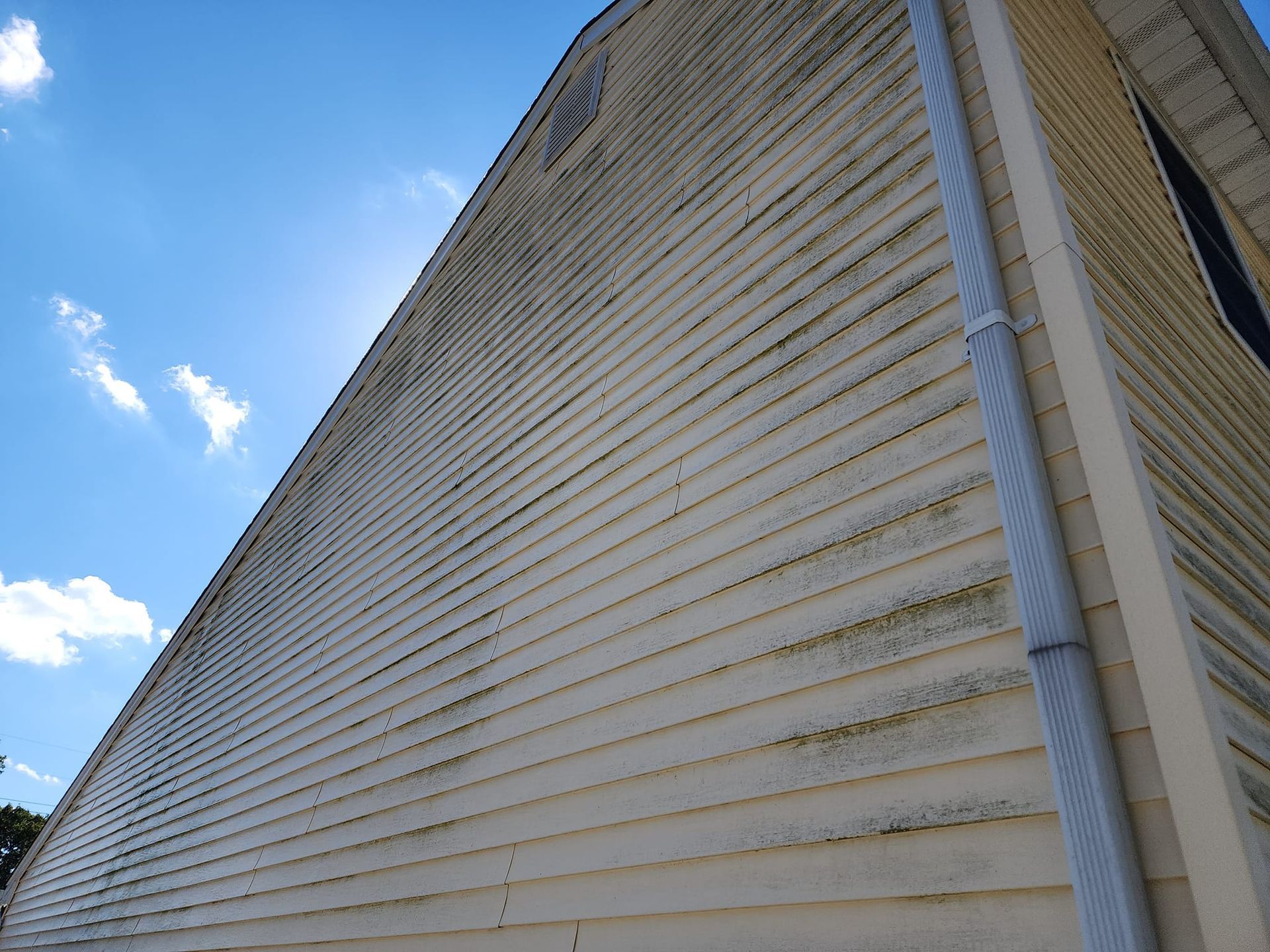 The side of a house with white siding before cleaning.