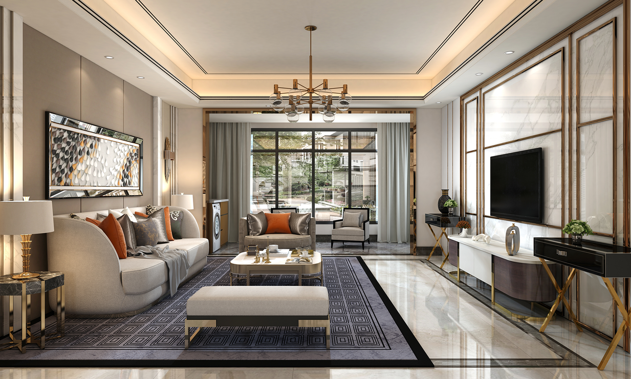 Luxurious living room with white and gold accents, featuring a sofa, TV, and large windows.