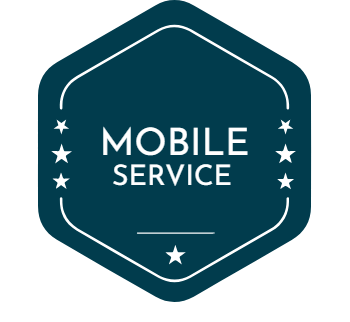 Dark teal hexagon badge with 