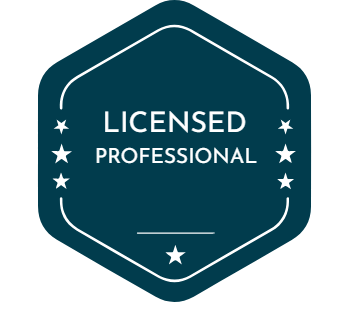 Dark teal hexagon badge with white border, text 