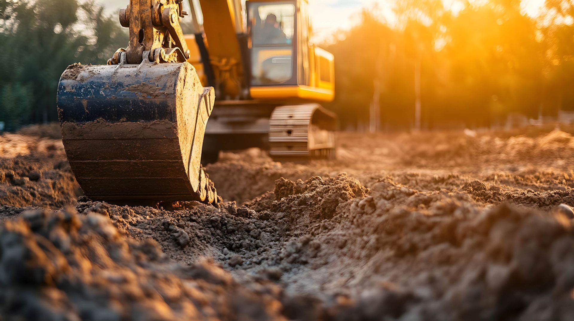 View of the bucket of a yellow excavator doing earthmoving with trees blurred in the background.