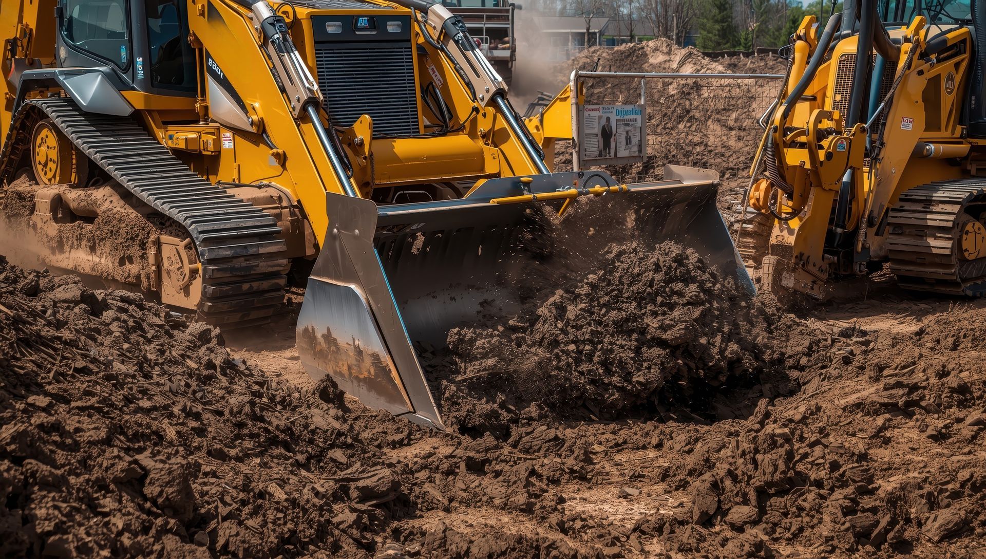 View of yellow excavator doing earthmoving on soil.