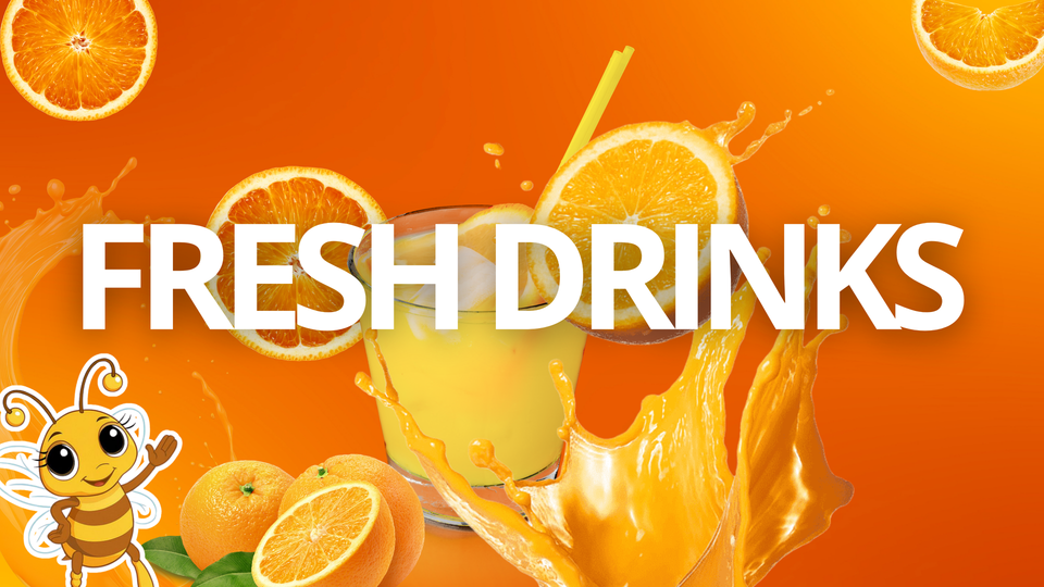 A glass of fresh orange juice with a splash, surrounded by oranges, with the words 