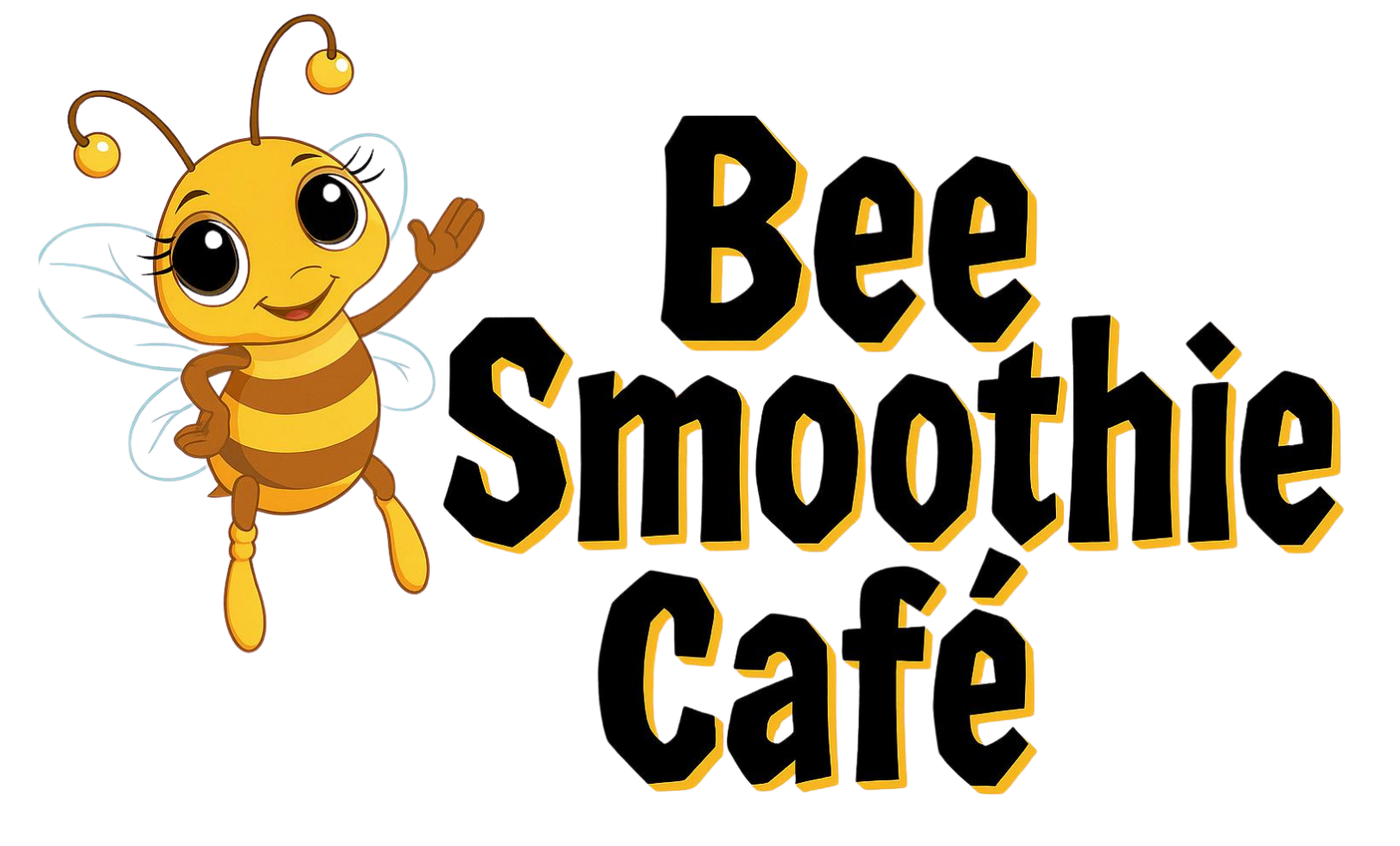 A cartoon bee waves next to 