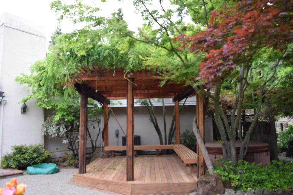 Wooden gazebo with built-in seating, surrounded by greenery and trees, in a garden setting.