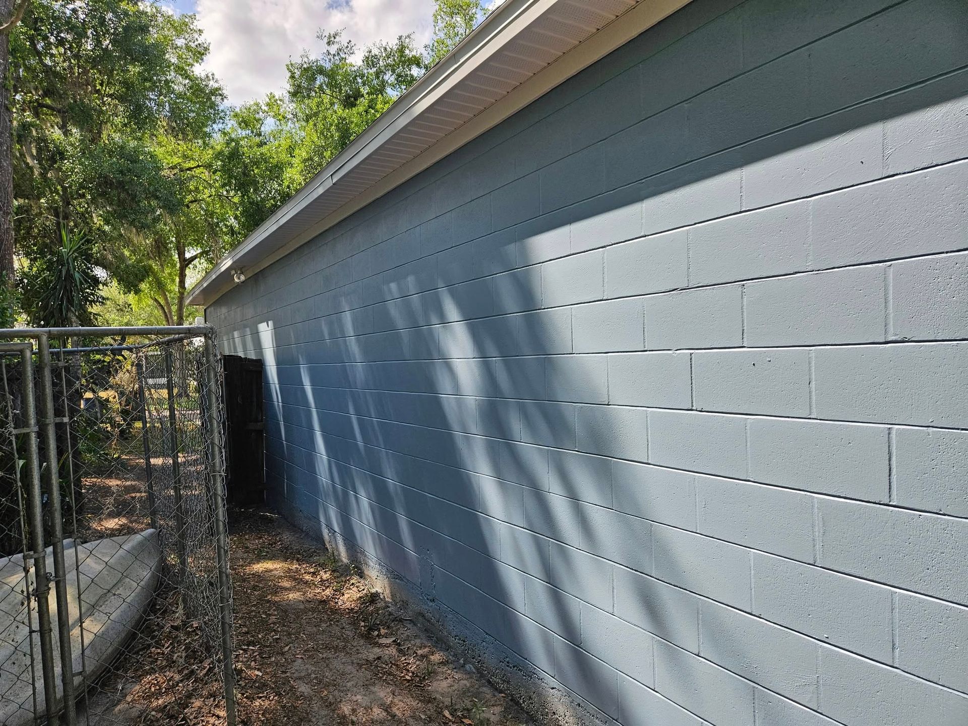 Blue painted concrete block wall of a building with a gate and trees visible.