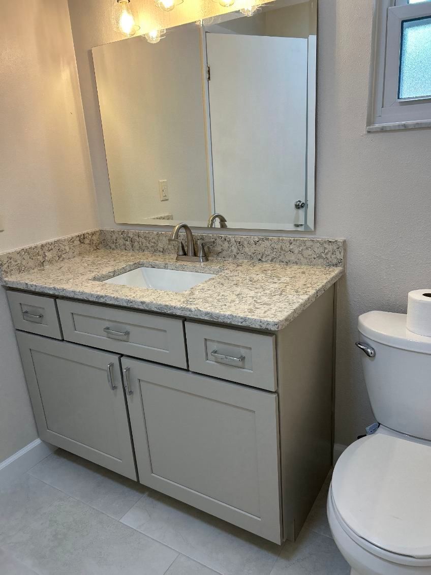 Bathroom with light gray vanity, granite countertop, large mirror, and toilet.