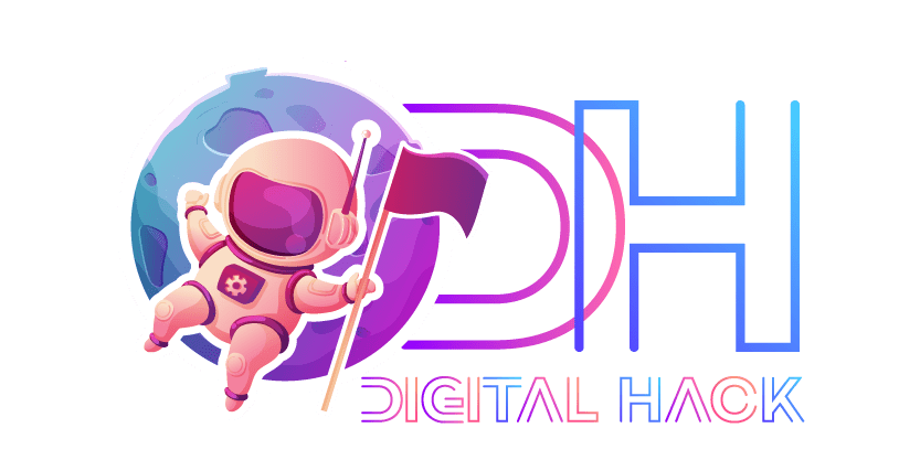 Logo da Digital Hack é desenhado com um astronauta e com as iniciais D e H