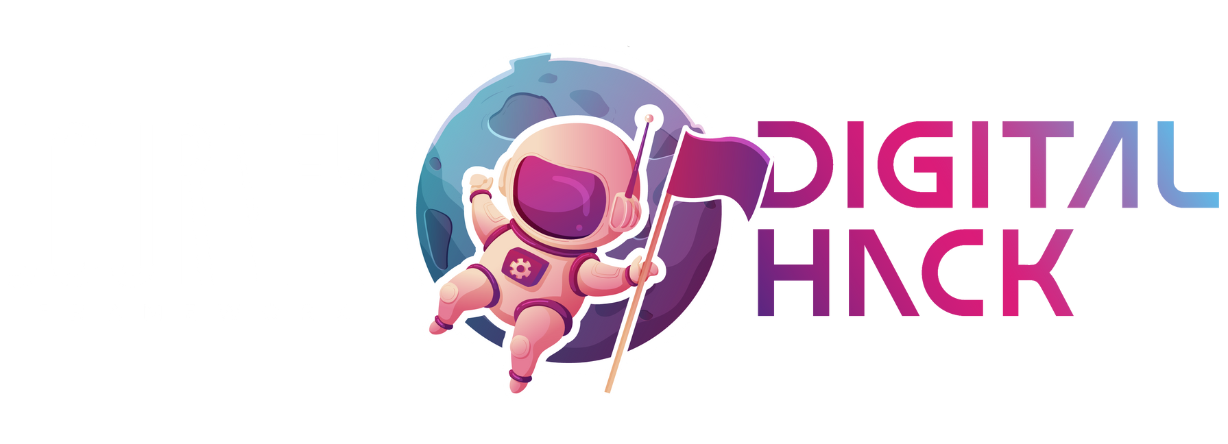 Um logotipo para uma empresa chamada digital hack com um astronauta segurando uma bandeira.