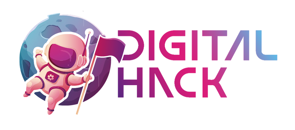 Logo da Digital Hack é desenhado com um astronauta e com as iniciais D e H