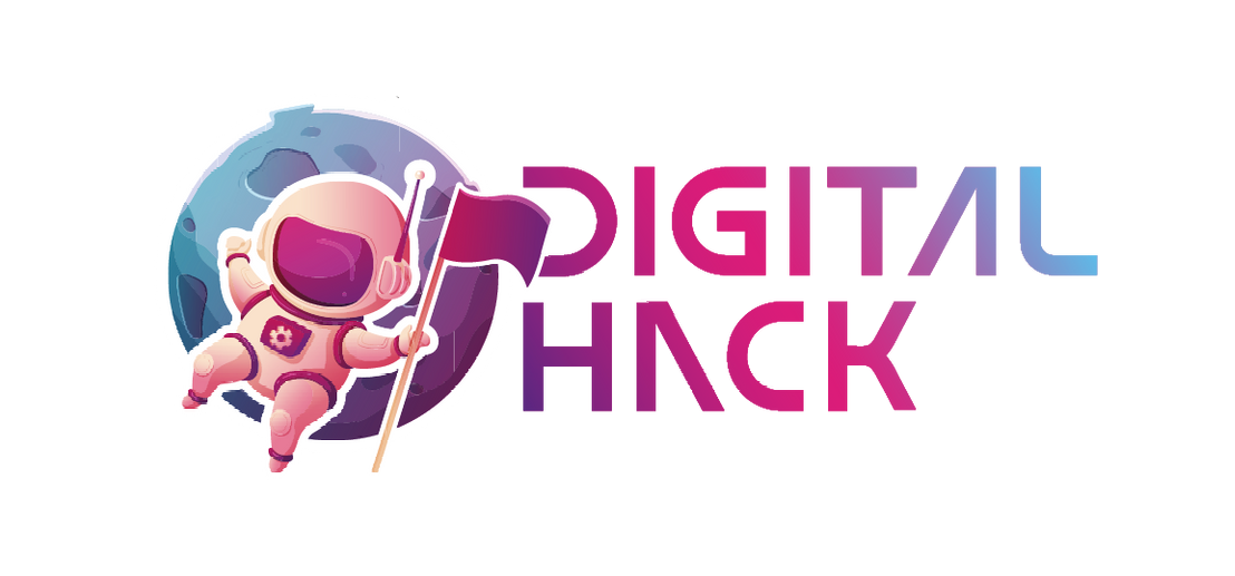 Logo da Digital Hack é desenhado com um astronauta e com as iniciais D e H