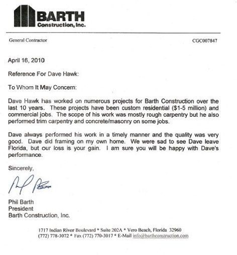Barth Construction Reference Letter