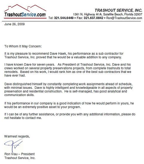 Trashout Service Reference Letter