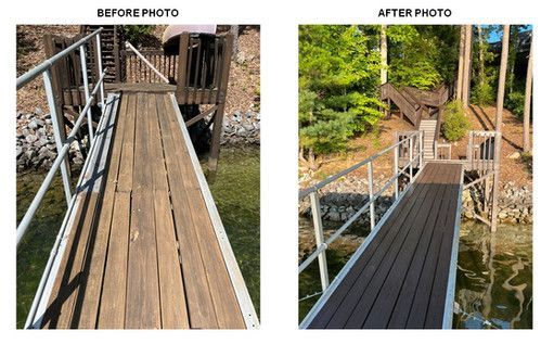 A before and after photo of a wooden dock.