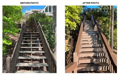 A before and after photo of a wooden staircase.