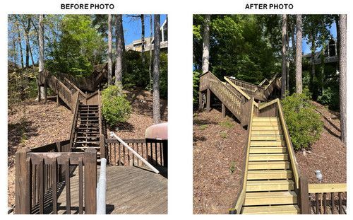 A before and after photo of a wooden staircase in the woods.