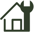 A dark green icon of a house silhouette with a large wrench superimposed on the right side.