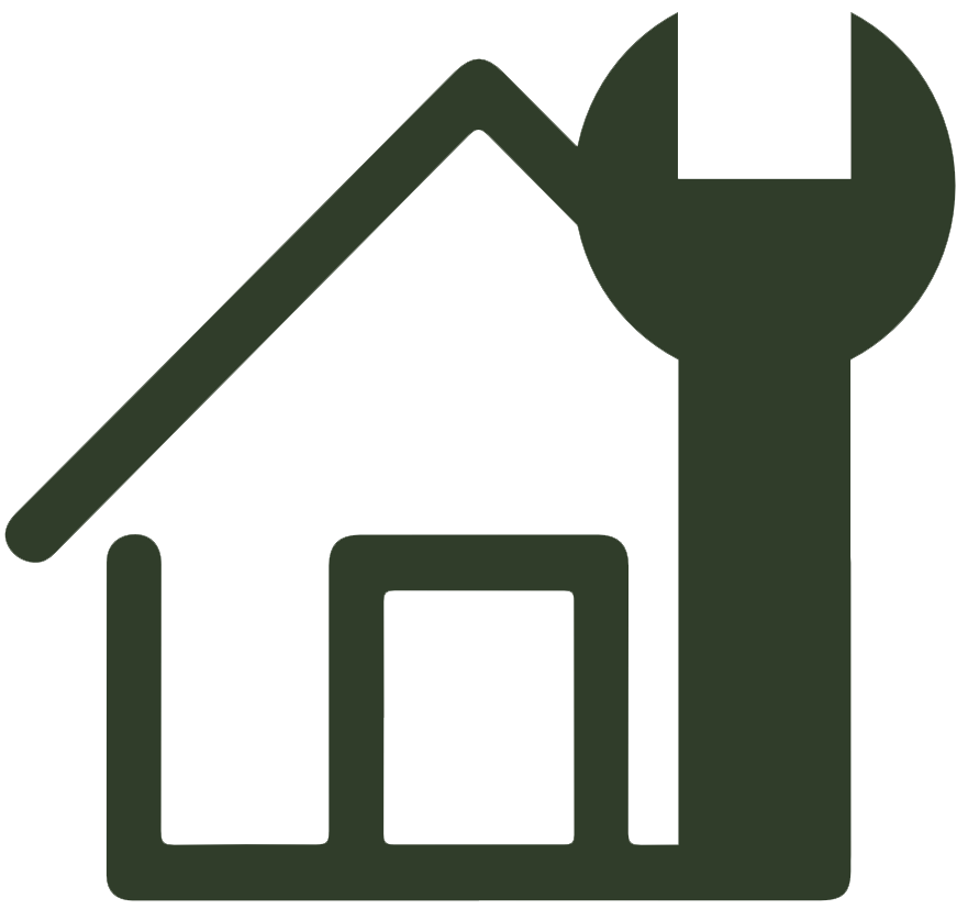 A dark green icon of a house silhouette with a large wrench superimposed on the right side.