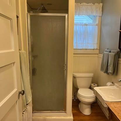 A small bathroom featuring a glass-door shower, a white toilet, and a sink, with curtains over a window.