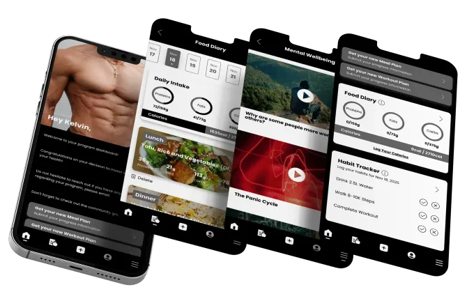 Four smartphones displaying fitness app screens: exercise, food, video tutorial, and progress tracking.