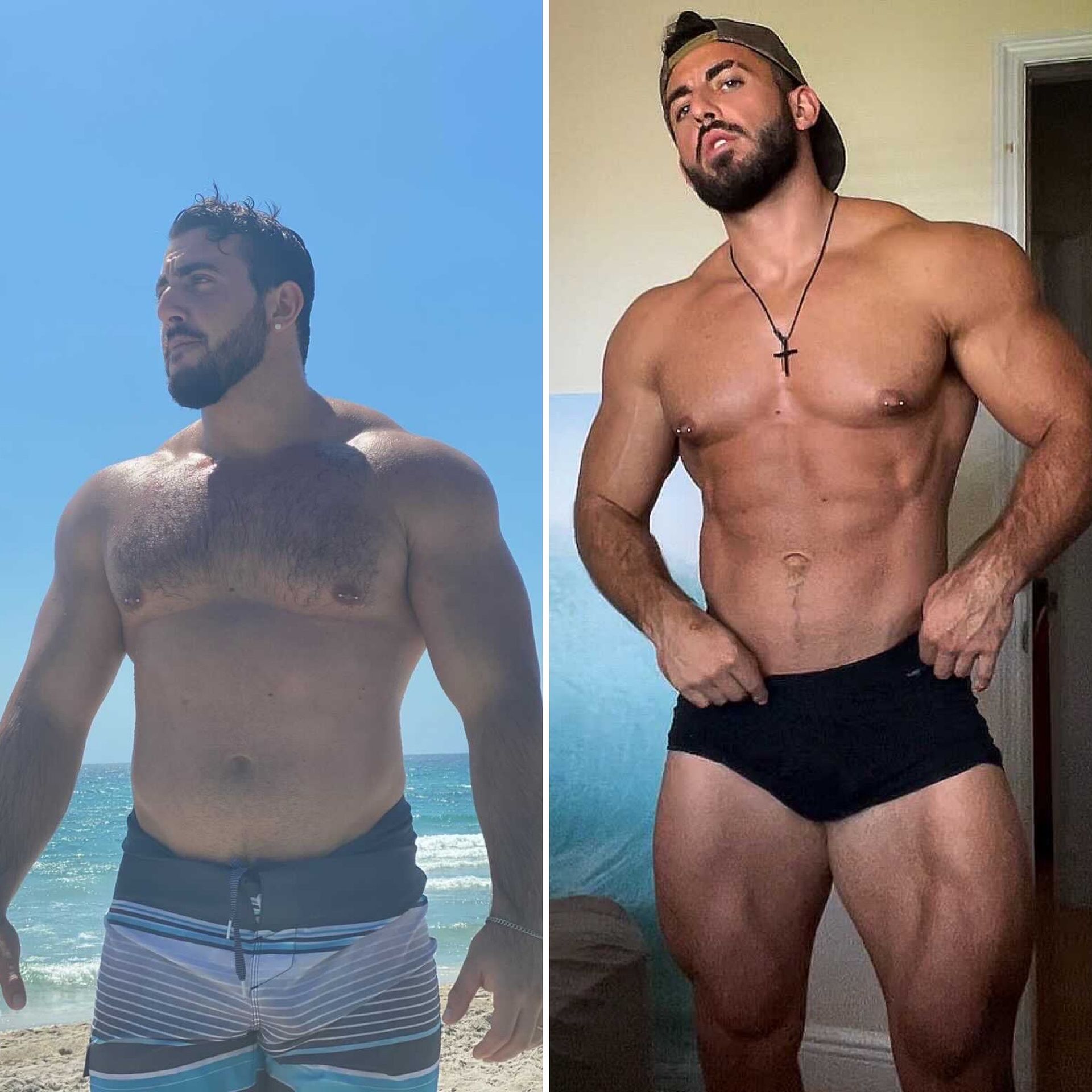 Side-by-side photos of a muscular person before and after a body transformation.  The person has a beard. The after image shows much more muscle definition.