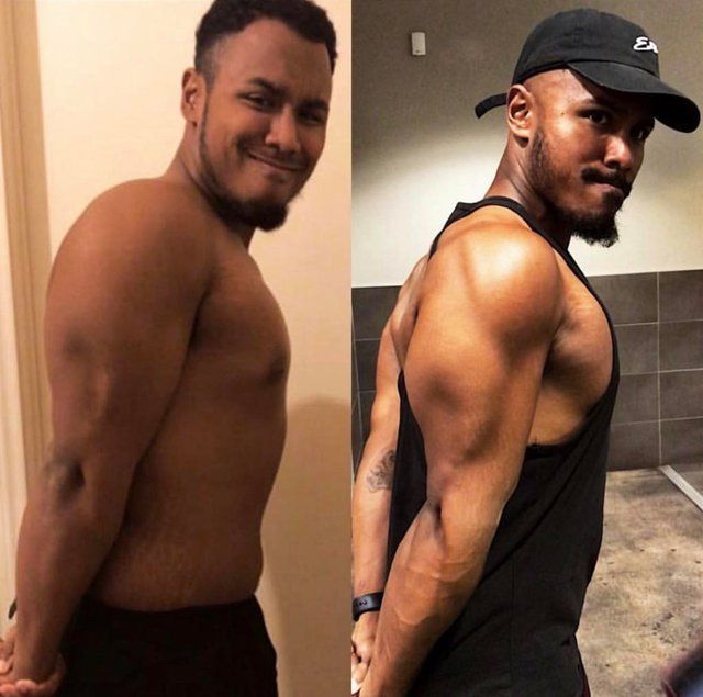 Before-and-after of a man. Left: heavier build smiling. Right: muscular build, wearing tank and cap, looking back.