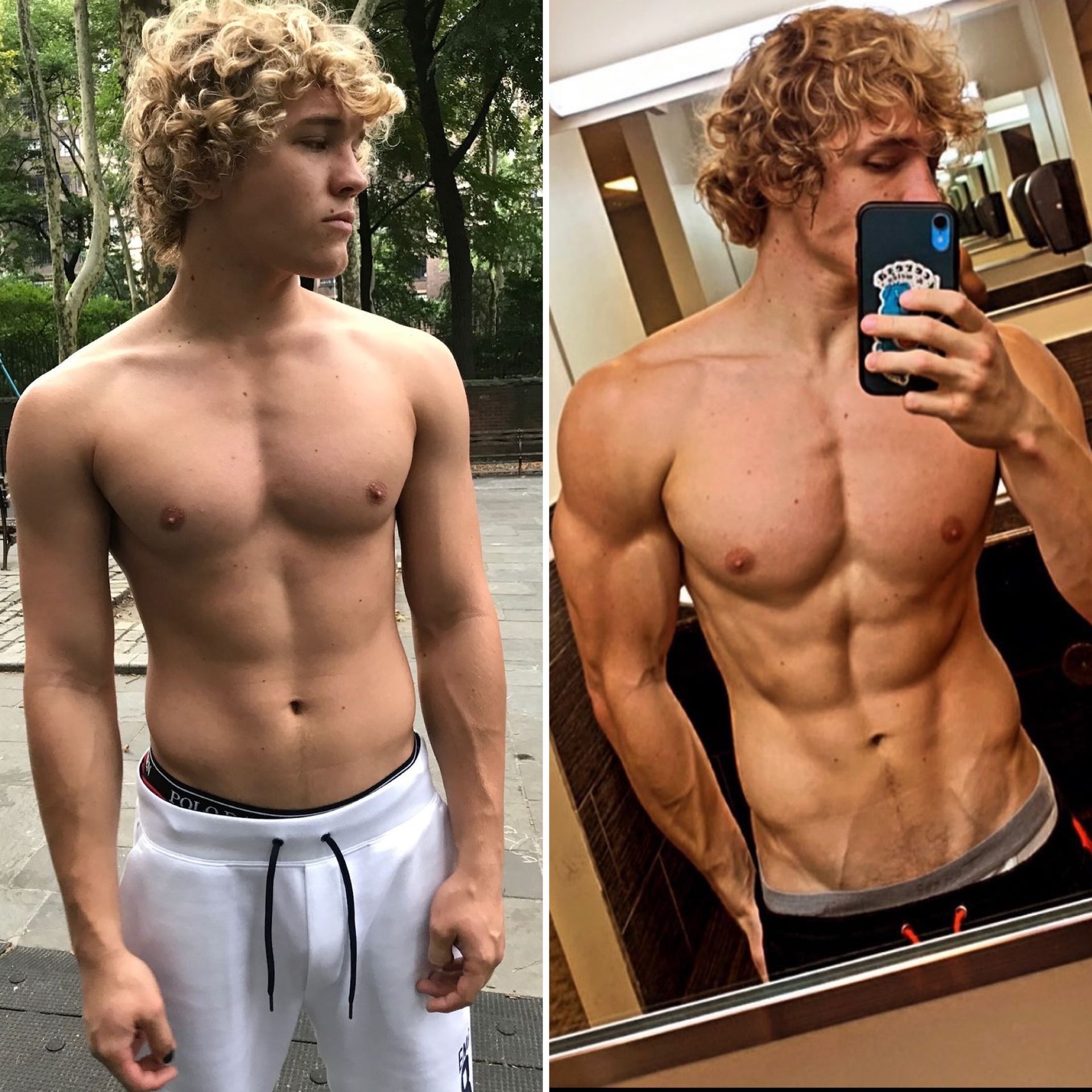 Side-by-side comparison of a person with curly hair, shirtless in both photos. Left photo: standing outdoors. Right photo: flexing in a mirror.