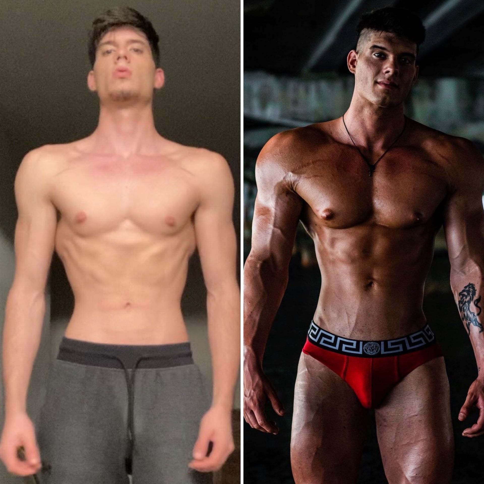Side-by-side comparison of a man, skinny to muscular.  Before in sweats, after in red underwear with sculpted physique.