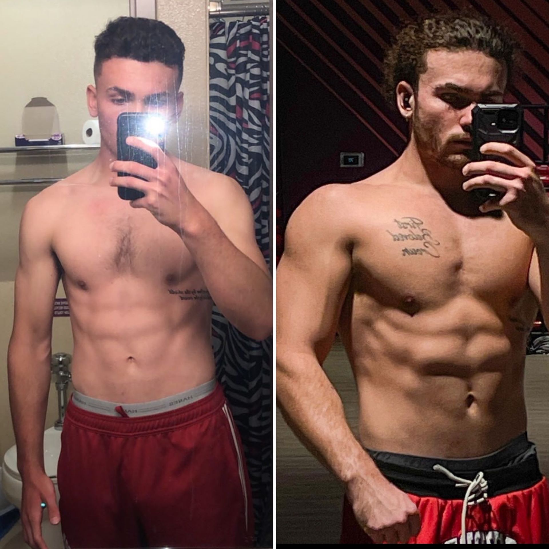 Two shirtless men, showcasing muscle growth. One with short hair in a bathroom, the other with longer hair in a gym.