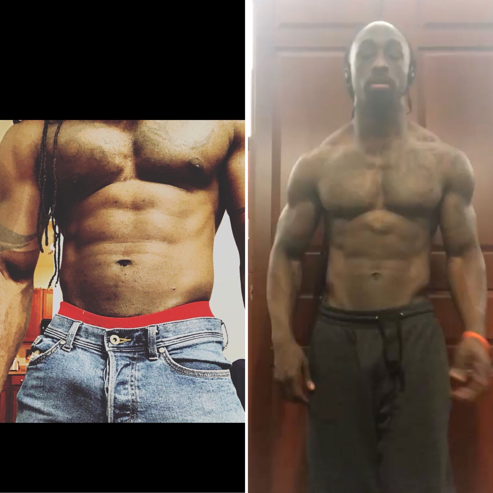 Side-by-side comparison of a muscular person. One wearing jeans with red underwear, the other in gray sweatpants, both shirtless.
