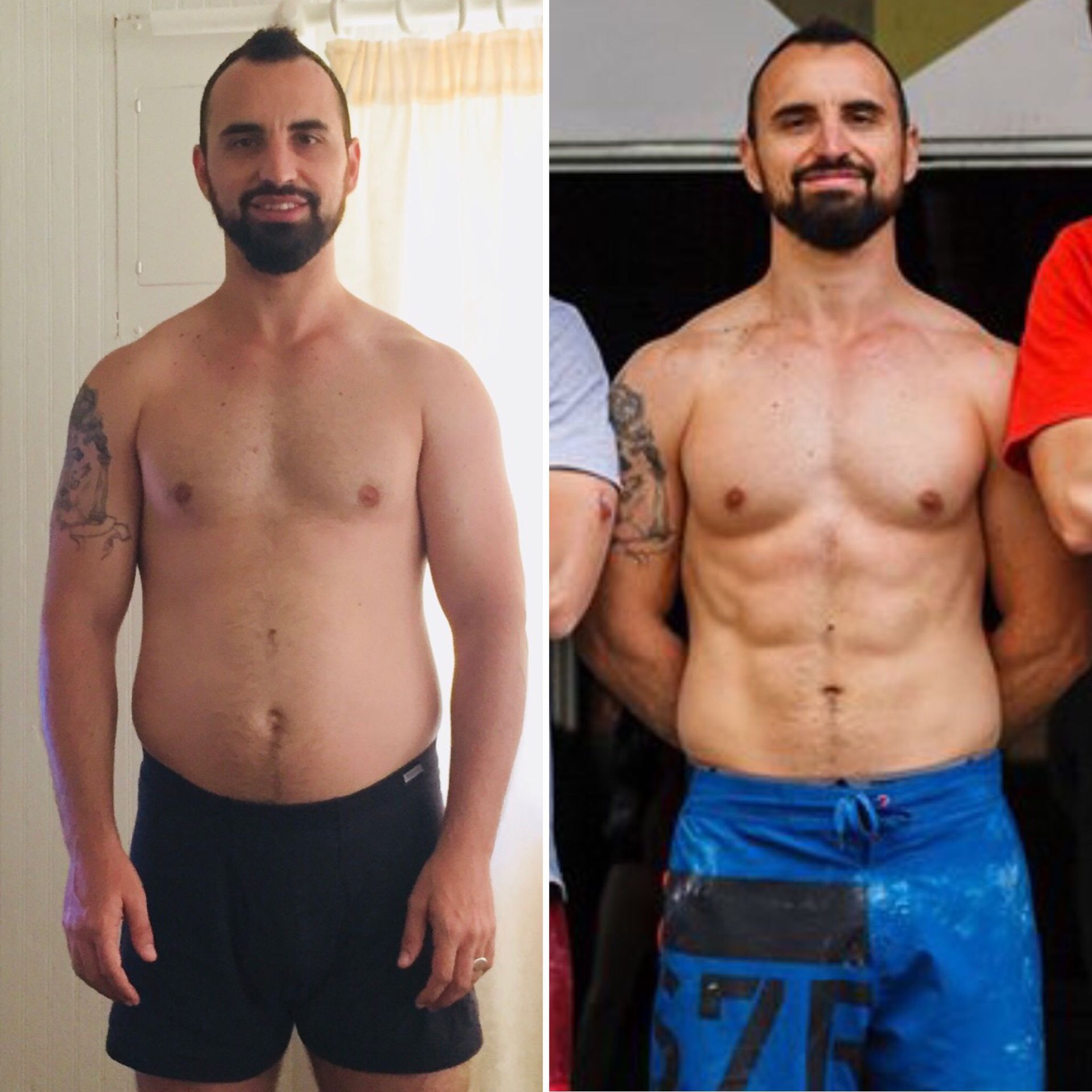 Man before and after fitness journey, showing weight loss and increased muscle definition.