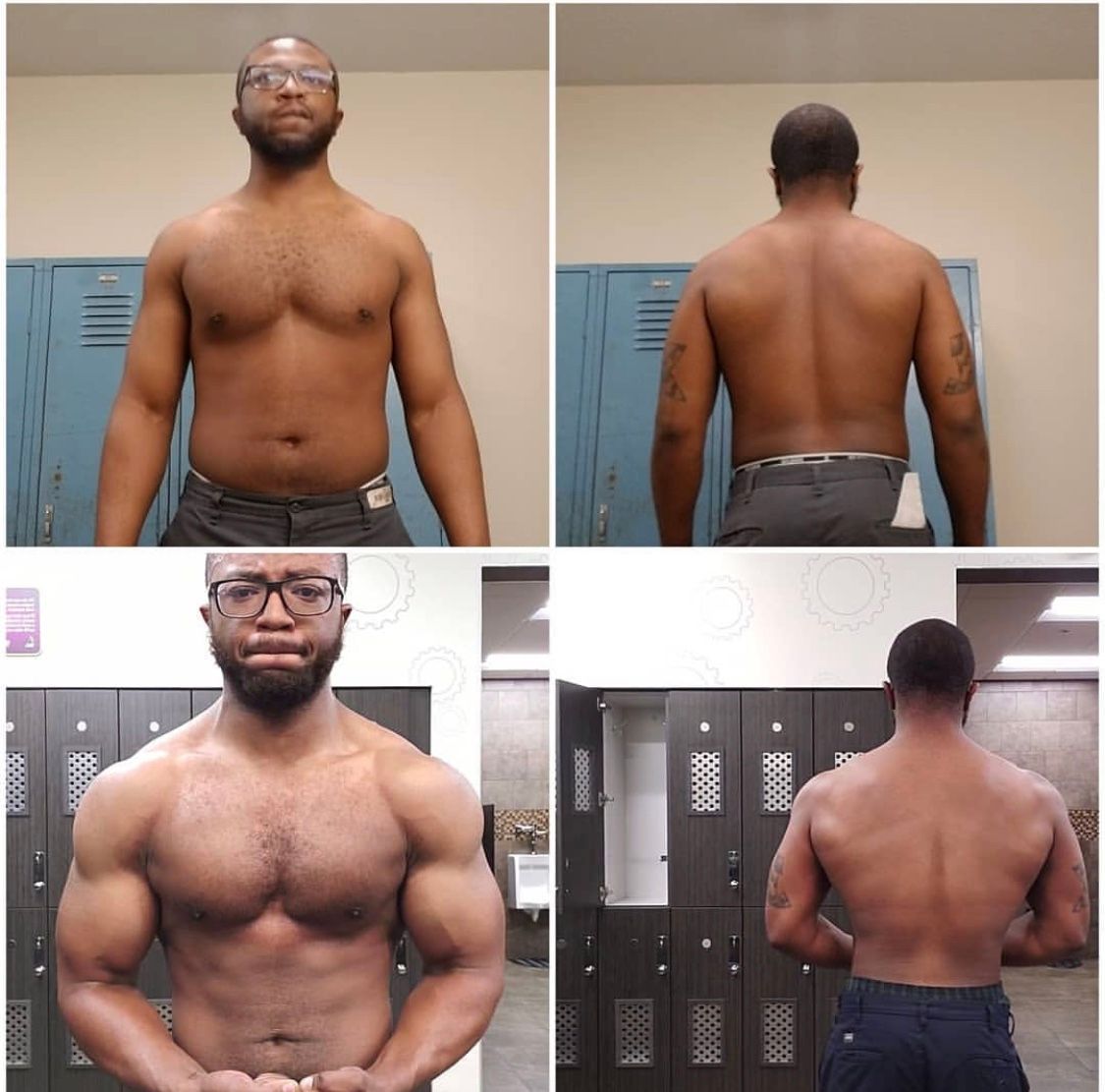 Progress photos: Man shirtless in front of lockers, before (top) and after (bottom) muscle gain.