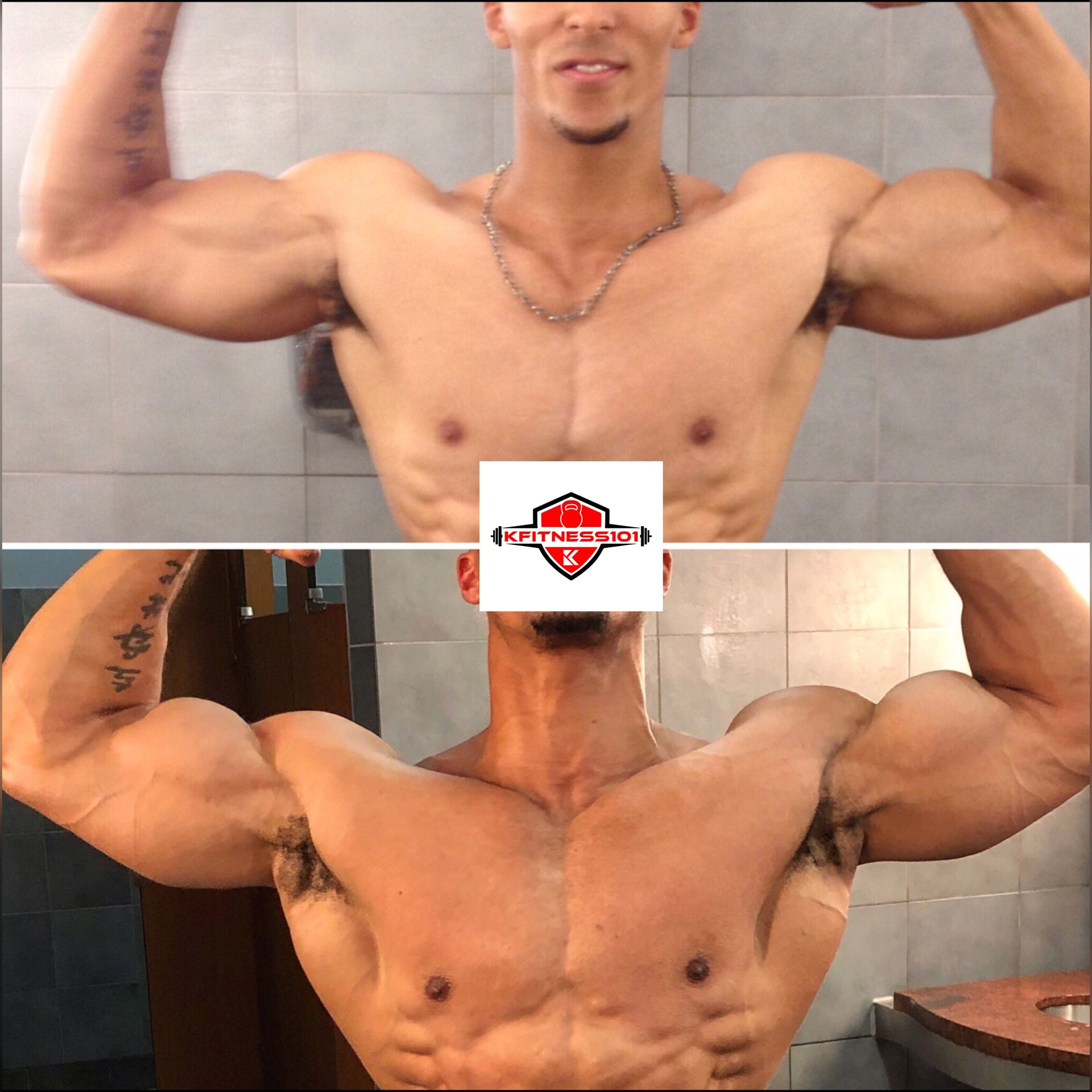 Two muscular torsos flex biceps; one above, one below. Both have well-defined chest muscles and are indoors.