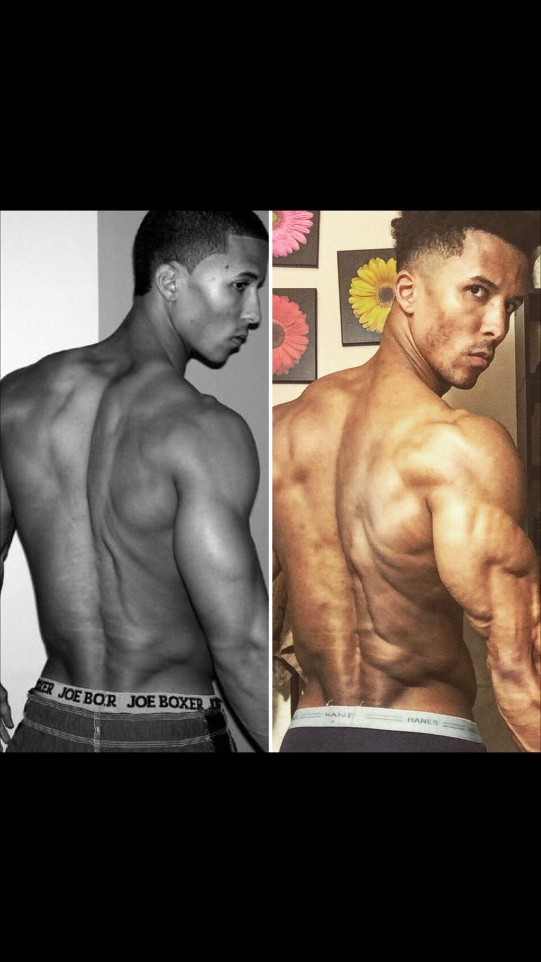Side-by-side comparison of a muscular person's back; black and white vs. color photo.