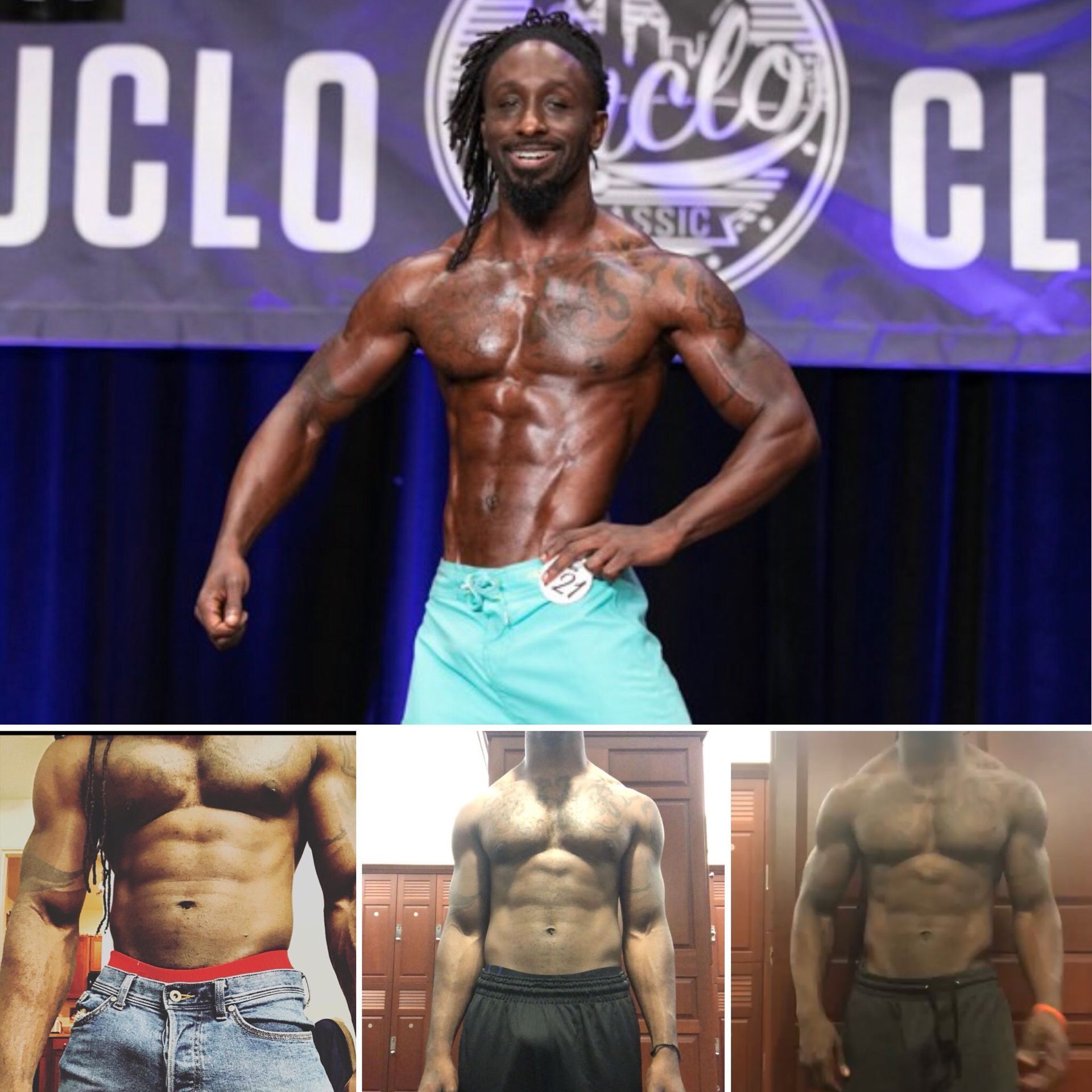 Bodybuilder on stage, posing with well-defined muscles. Lower images: comparison of physique over time.