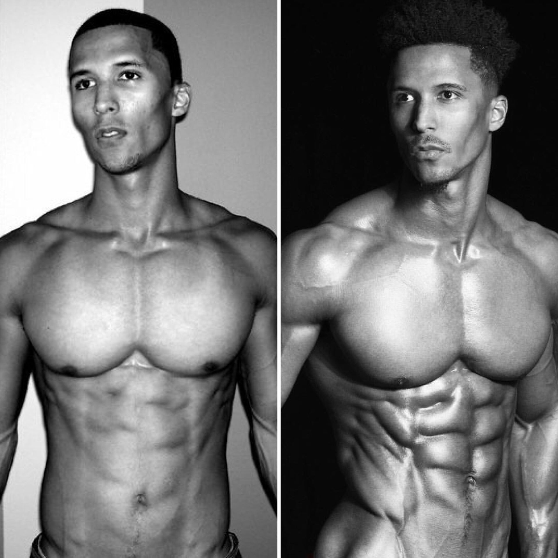 Two black and white photos of a muscular man. Left: less defined. Right: more defined, toned physique.