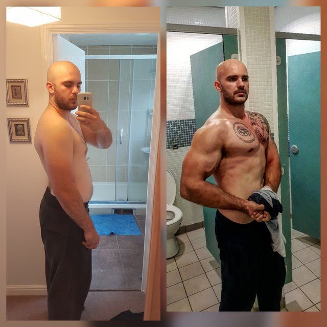 Two photos: a man before and after weight training, showing body transformation in bathroom settings.
