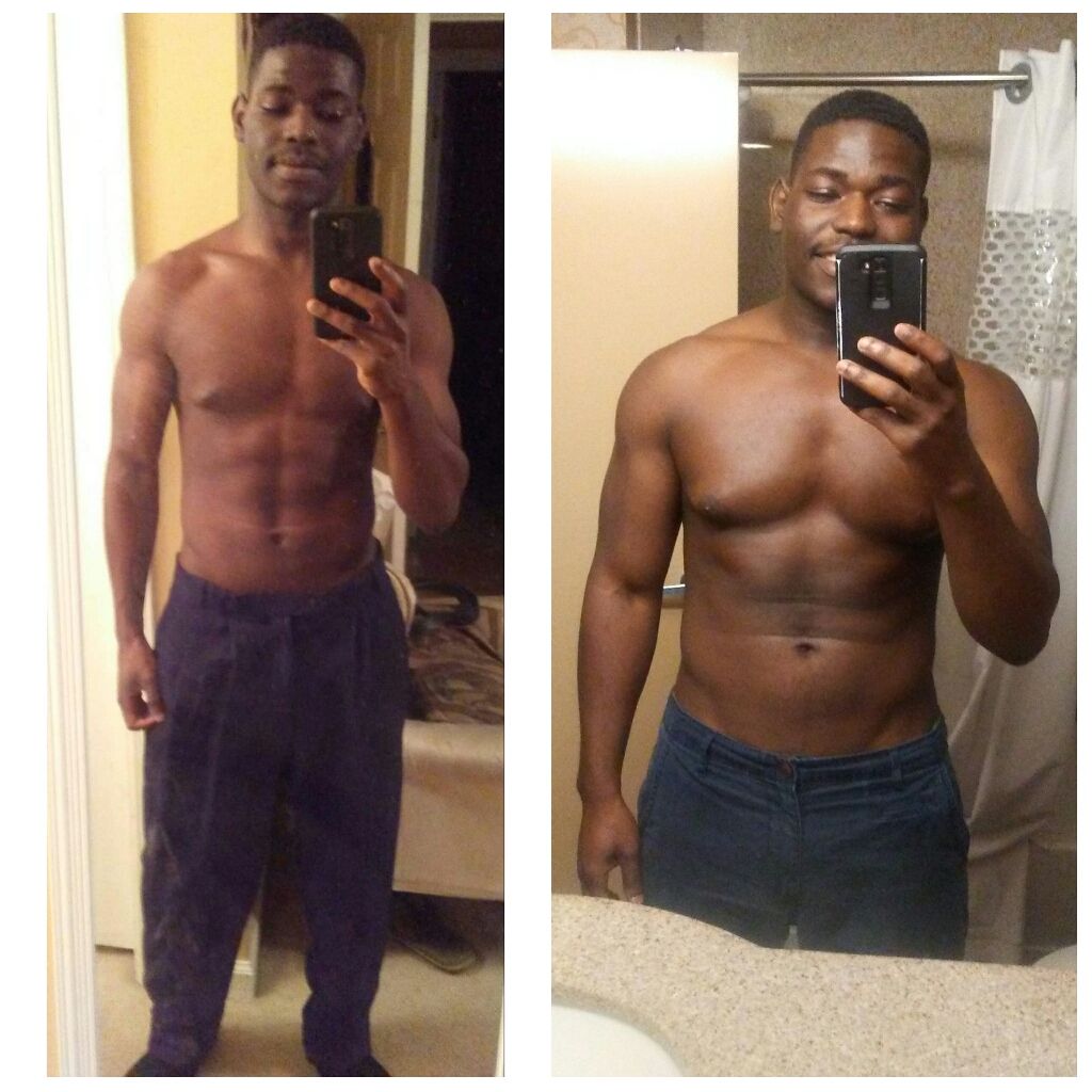 Two shirtless photos of a man; left shows a slimmer physique, right shows a more muscular build.