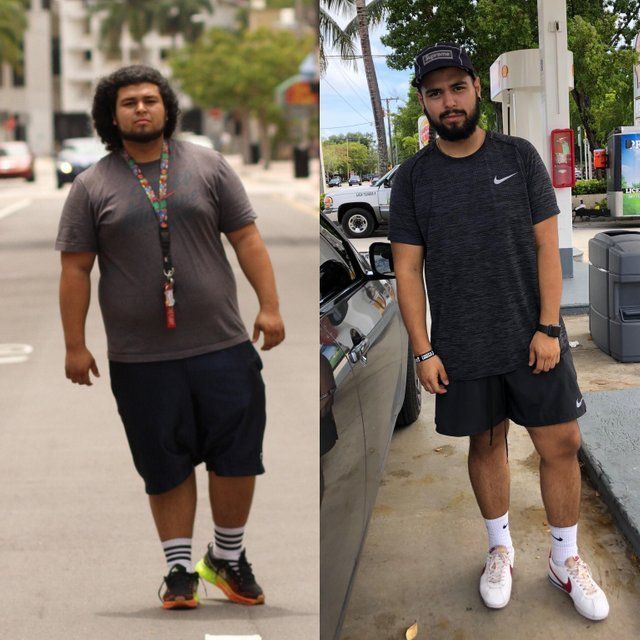 Man before and after weight loss; wearing shorts and t-shirts, posing. Outdoor settings.