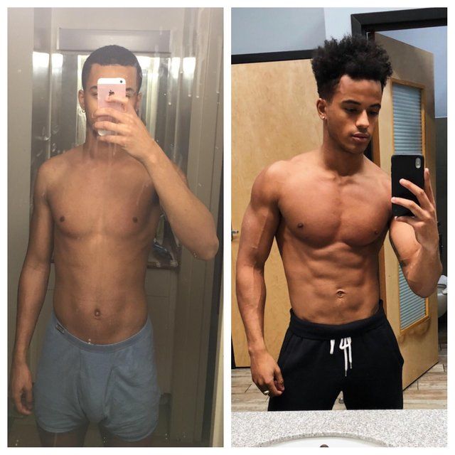 Side-by-side comparison of a person's physique transformation, showing a leaner, more muscular body.