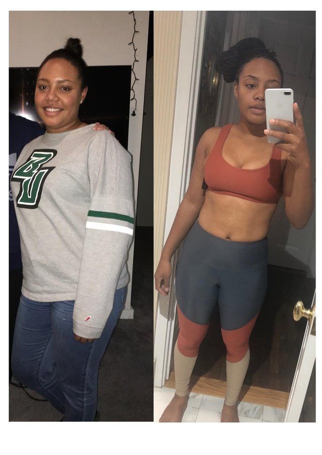 Woman's weight loss transformation. Before: wearing sweatshirt and jeans. After: in workout clothes, taking selfie.