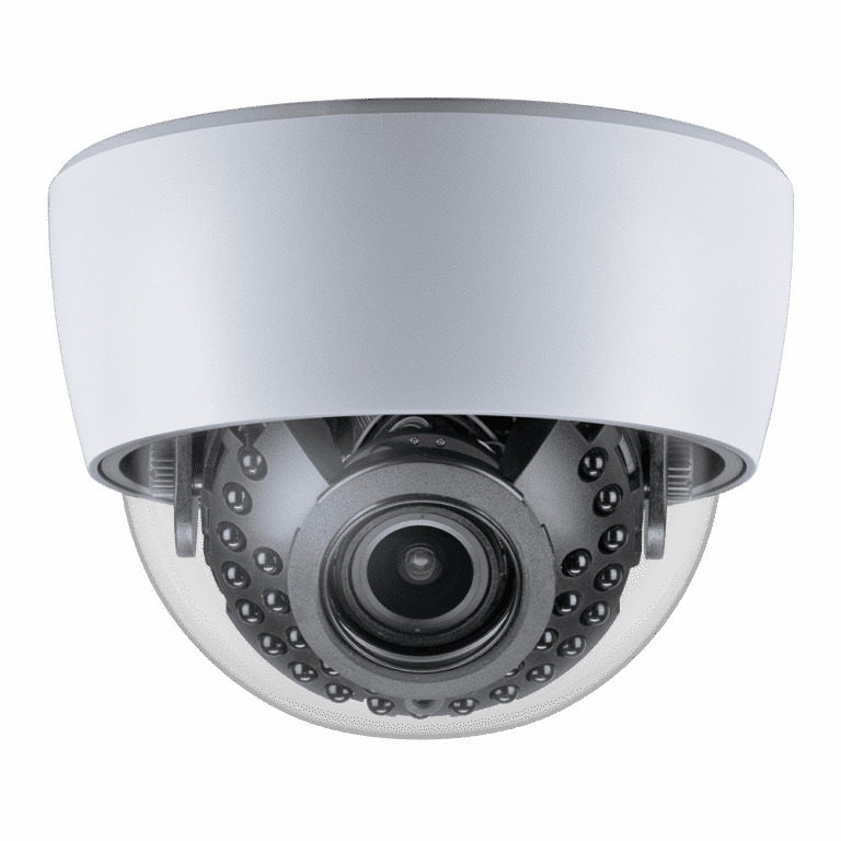 White security dome camera with infrared LEDs, mounted for surveillance.