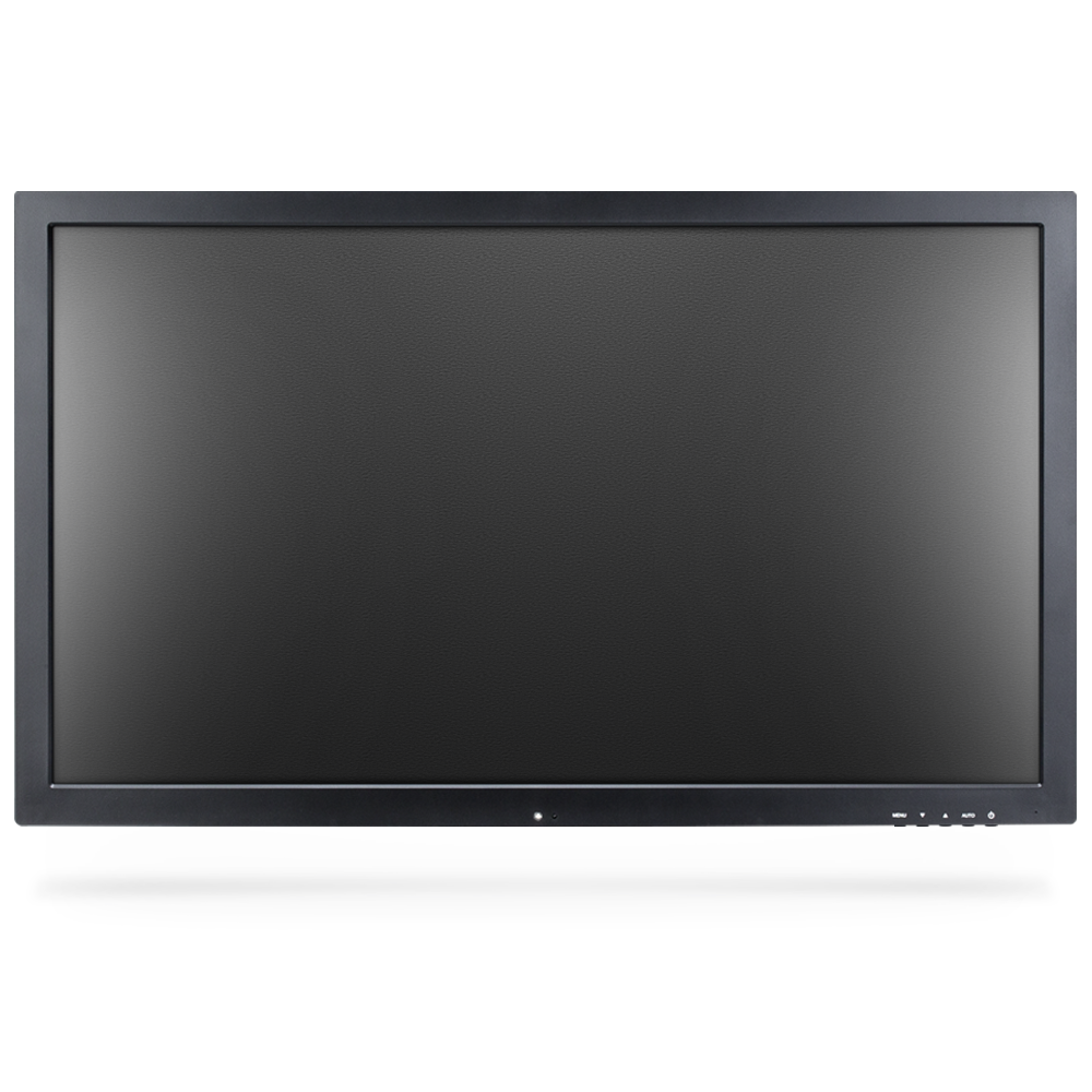 Black flat-screen computer monitor, turned off, with thin black bezel and buttons on the bottom right.